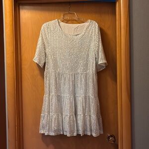 Silver Embellished Tiered Mini Dress Scoop Neck Cocktail